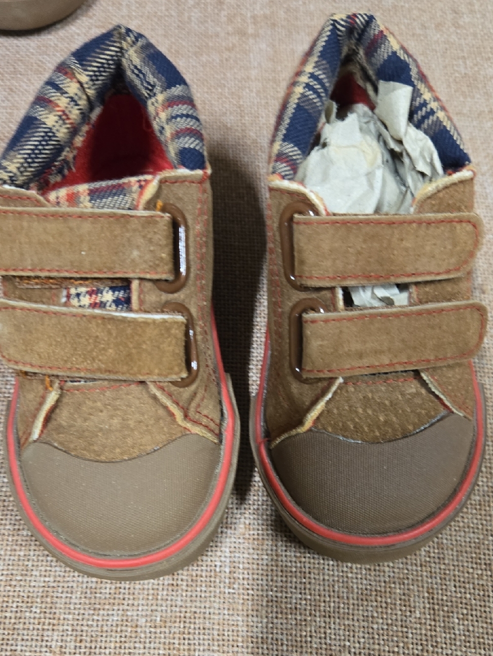 Flying Tomato Kids Brown Plaid Velcro Sneakers with Red Trim